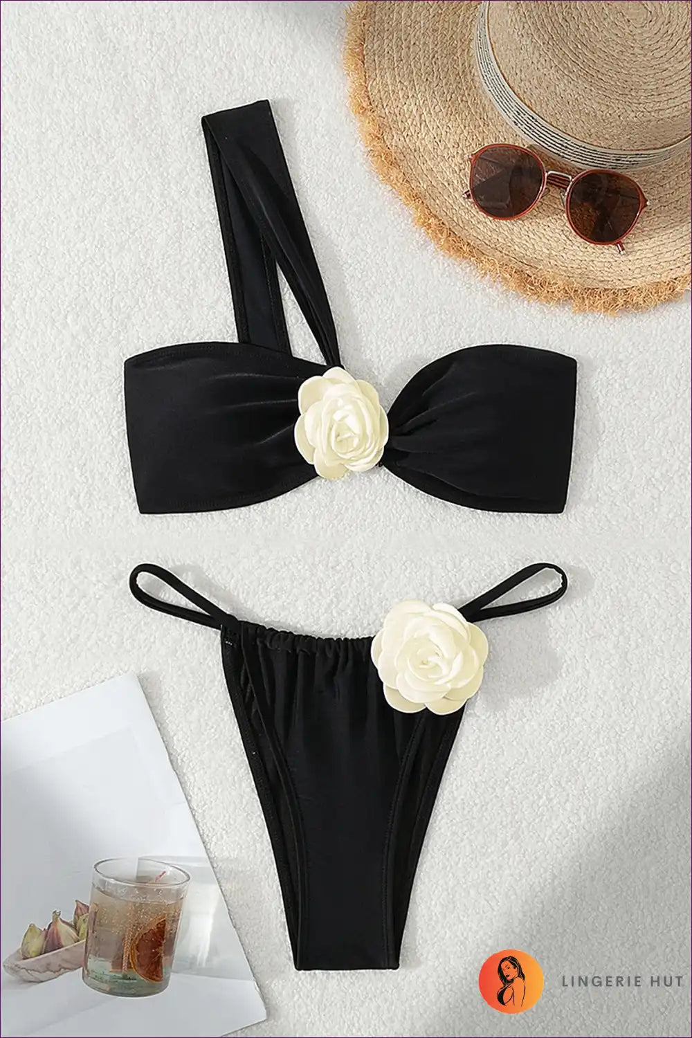 Levoire | Bikini blanc à motif floral à une épaule - Bloom in Style Noir