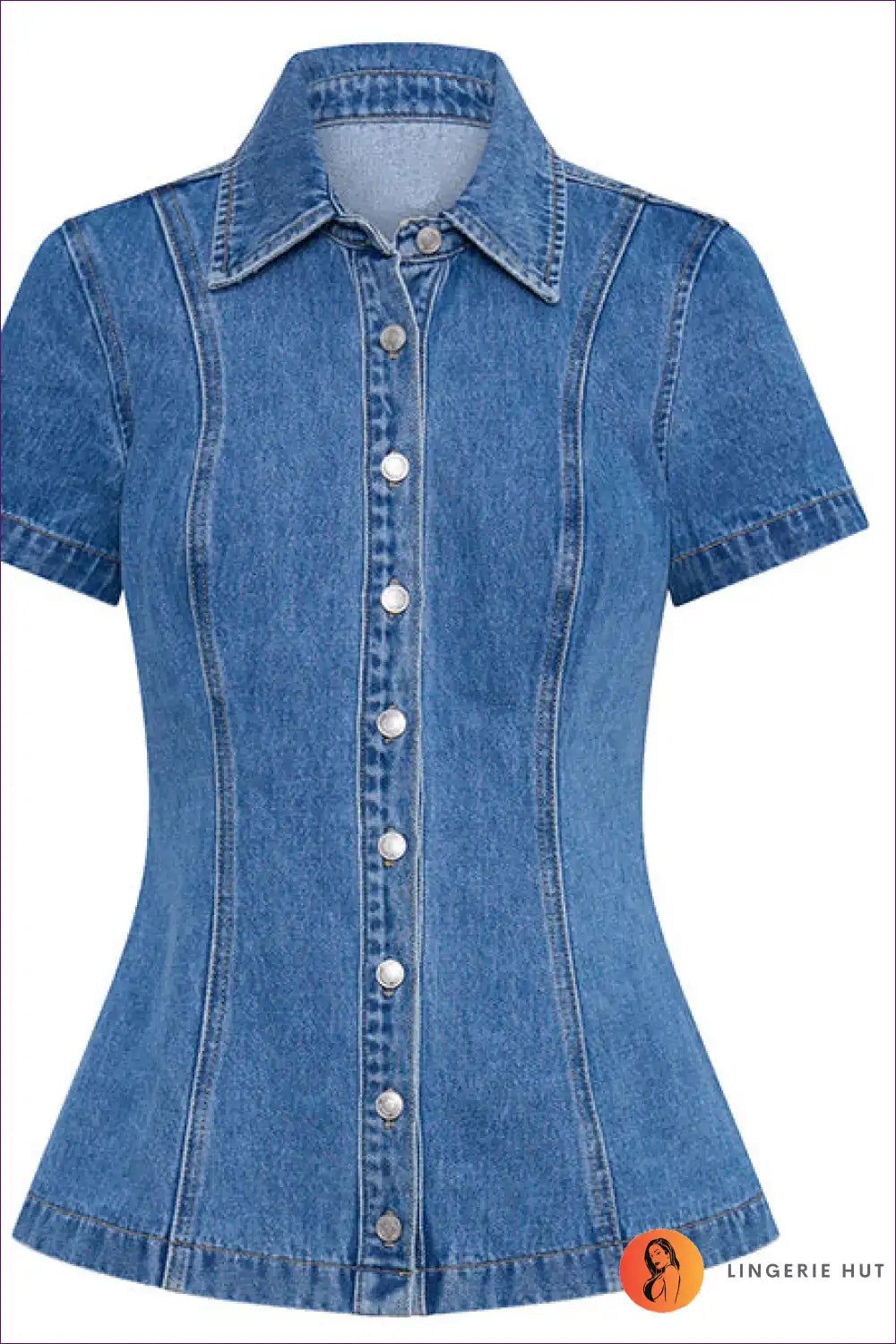 Levoire | Femme Denim À Manches Courtes Bouton Taille Haute Jupe Ensemble Blau1