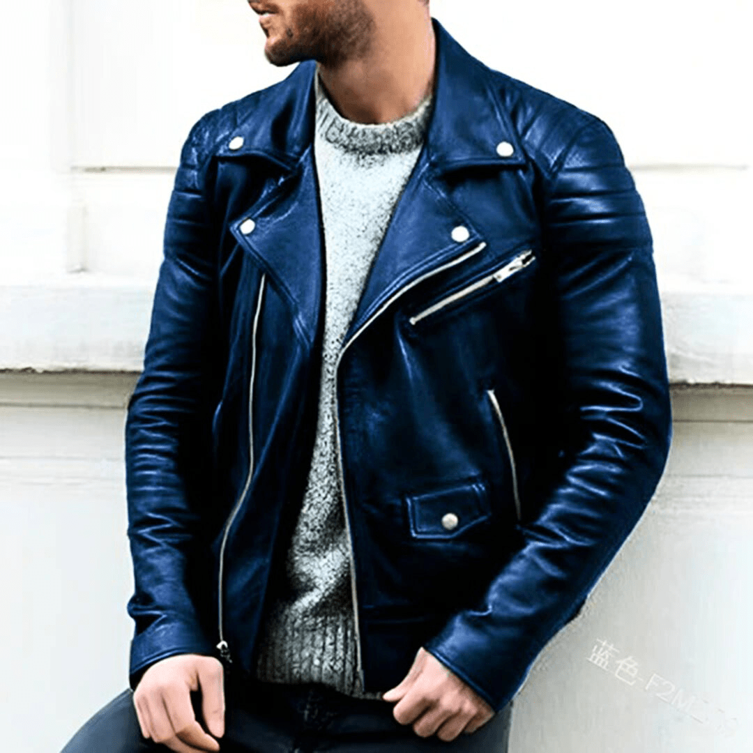 Levoire | Veste en cuir classique homme Veste de biker Cuir de haute qualité & Confortable Bleu