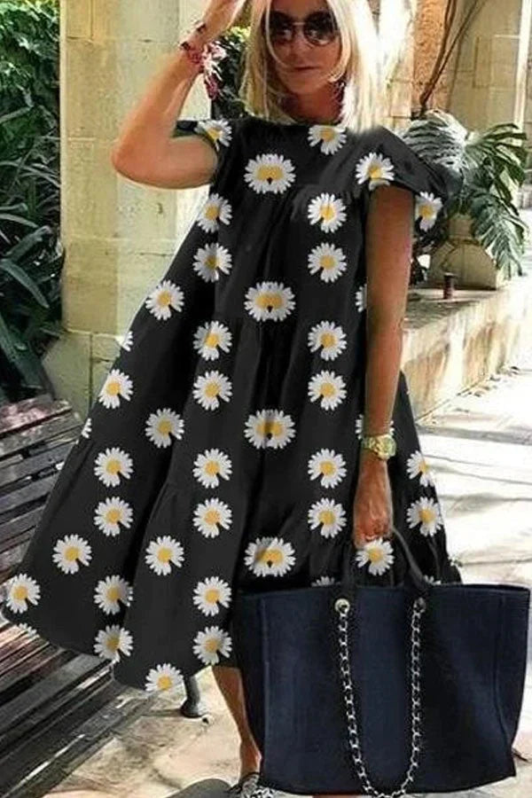 Levoire | Été Robe A-Line À Manches Courtes À Motif Floral Schwarzdruck