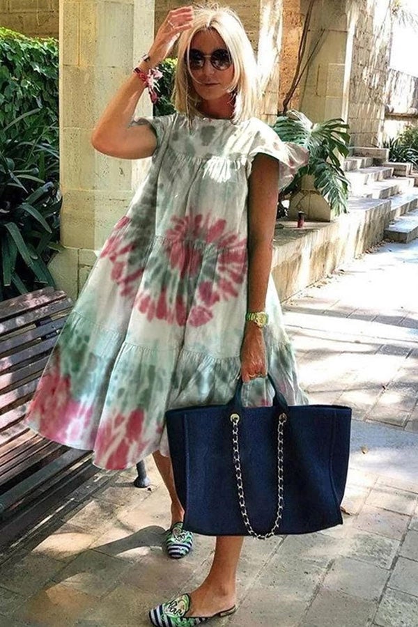 Levoire | Été Robe A-Line À Manches Courtes À Motif Floral Vert
