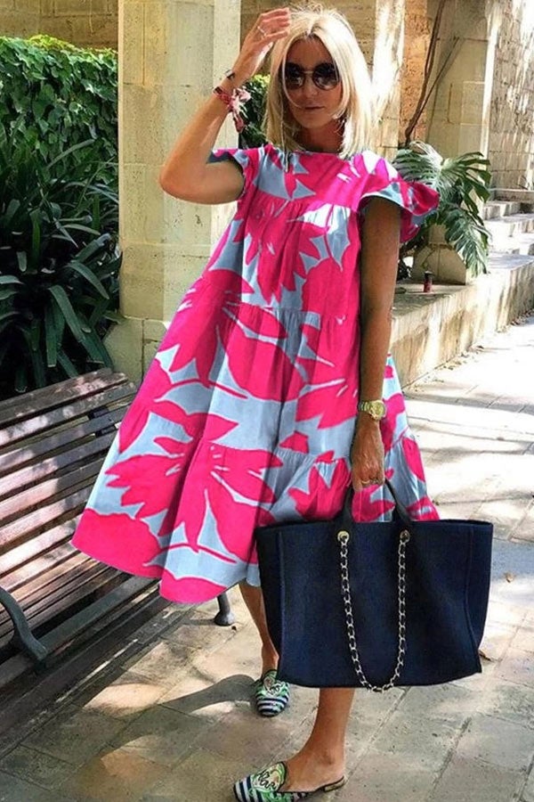 Levoire | Été Robe A-Line À Manches Courtes À Motif Floral Rose et rouge