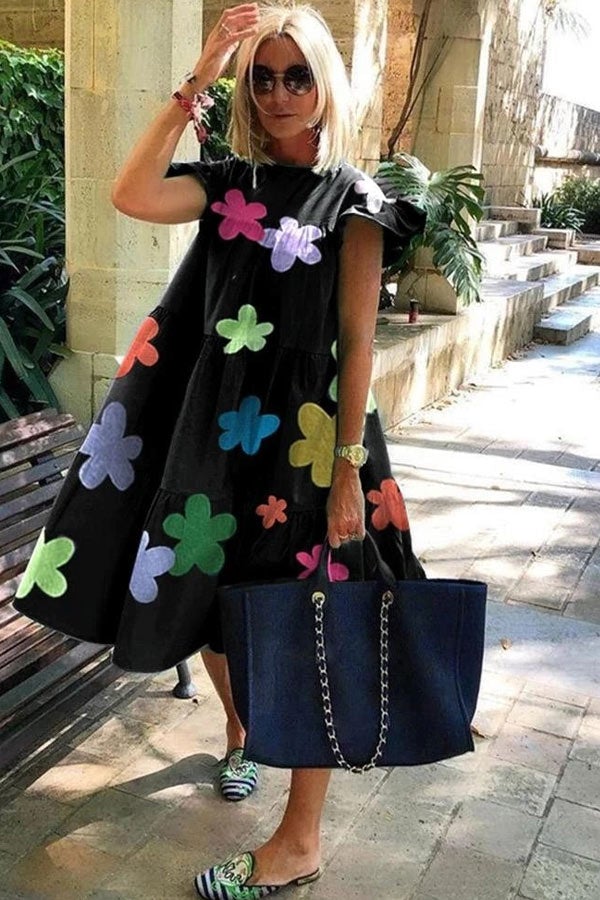 Levoire | Été Robe A-Line À Manches Courtes À Motif Floral Noir