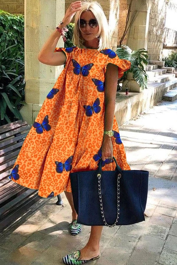 Levoire | Été Robe A-Line À Manches Courtes À Motif Floral Orange
