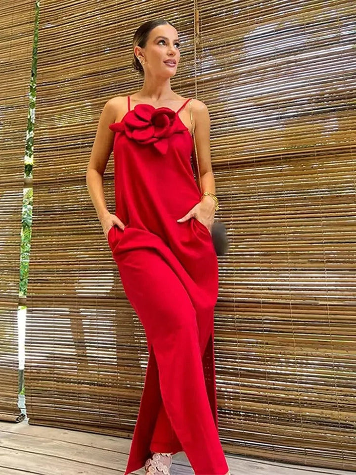 Levoire | Robe Midi Sans Manches Élégante Avec Fente Haute Et Détail Floral 3D Rot