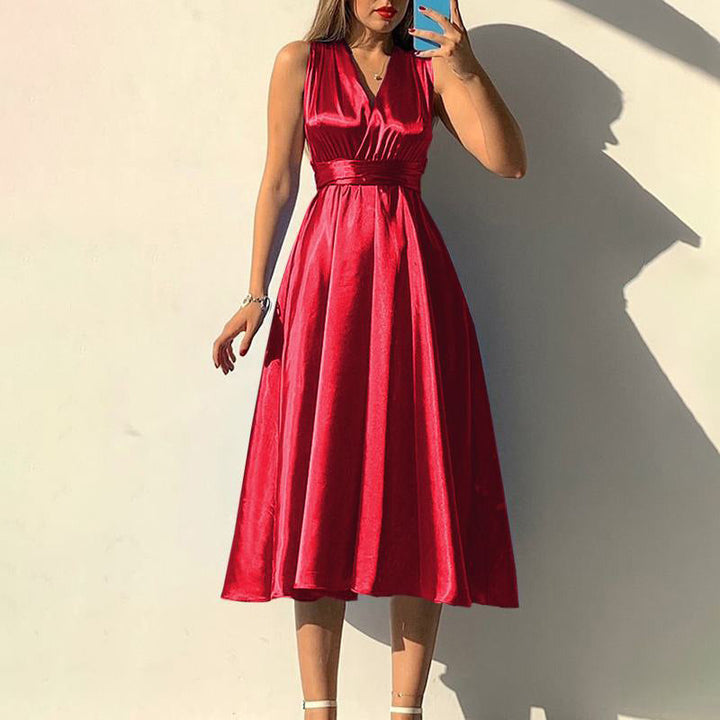 Levoire | soir mi-long satin dos ouvert croisé ROUGE