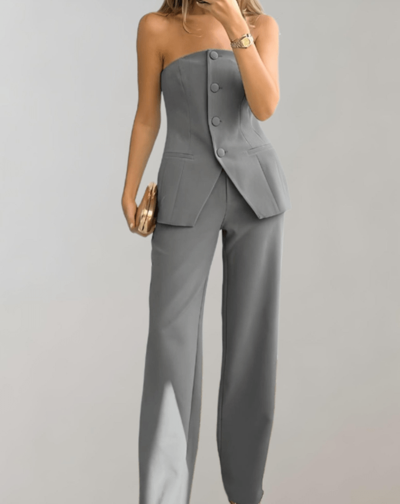 Levoire | Ensemble 2 Pièces Femme Pantalon Large Top Boutons Gris