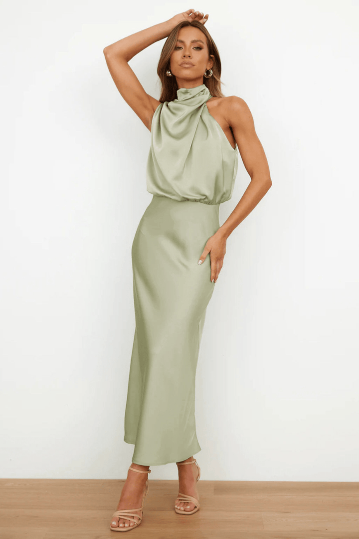 Levoire | Robe en Satin Longue avec Col pour Femmes Vert clair