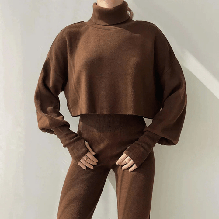Levoire | Ensemble pour femmes deux pièces élégant avec pull à col roulé court Braun