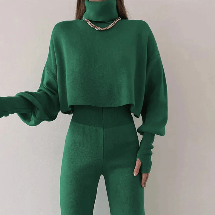 Levoire | Ensemble pour femmes deux pièces élégant avec pull à col roulé court Vert