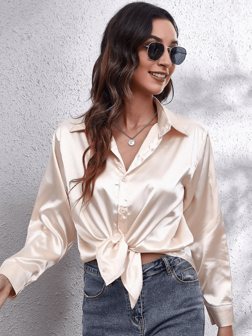 Levoire | Chemisier Satin pour Femmes Blouse en Satin Élégante à Manches Longues Beige