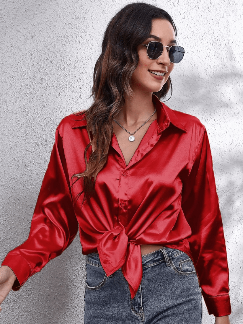 Levoire | Chemisier Satin pour Femmes Blouse en Satin Élégante à Manches Longues Rot