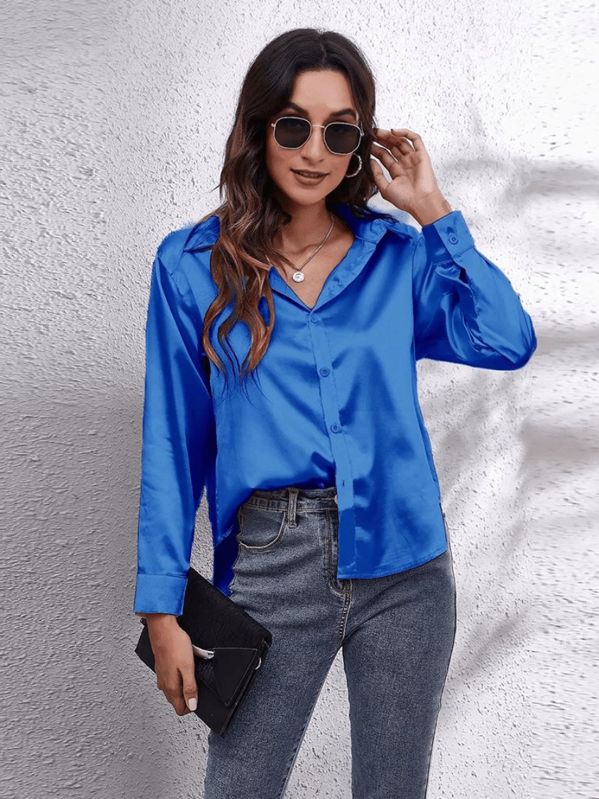 Levoire | Chemisier Satin pour Femmes Blouse en Satin Élégante à Manches Longues Bleu