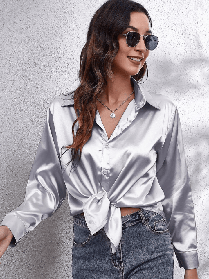 Levoire | Chemisier Satin pour Femmes Blouse en Satin Élégante à Manches Longues Argent