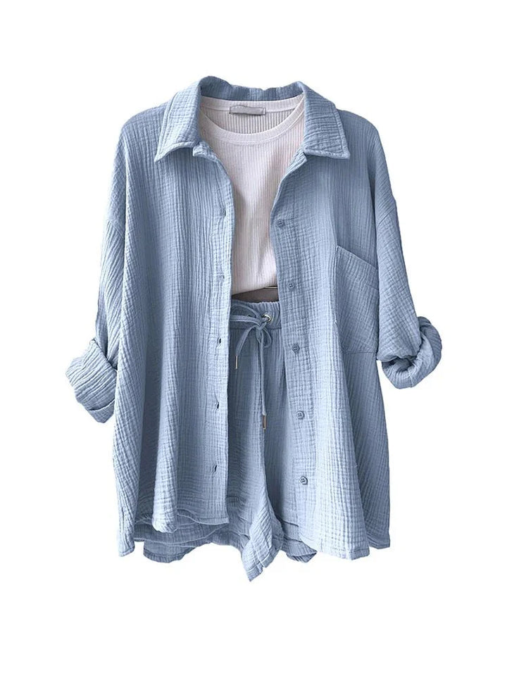 Levoire | Coton Lin Chemise Ensemble Bleu clair