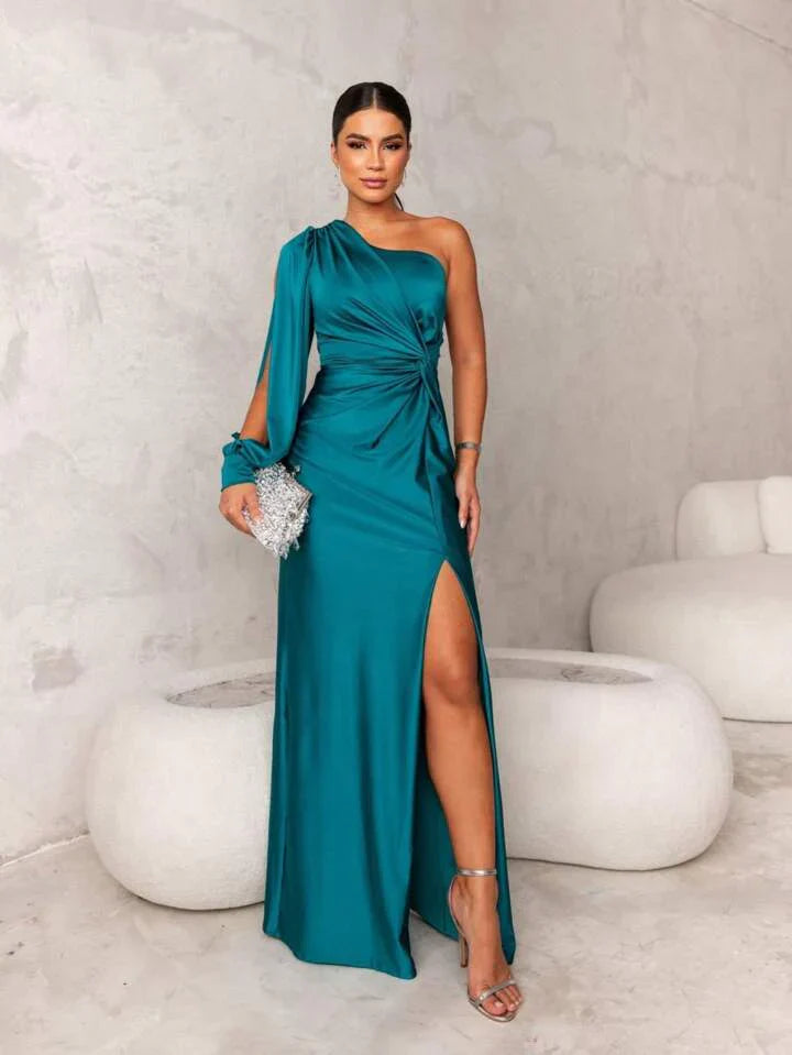 Levoire | Élégante Robe À Épaules En Satin Pour Femmes Turquoise