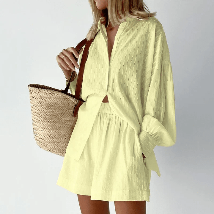 Levoire | Chemise Avec Jabot Et Ensemble De Shorts Pour Femmes Jaune
