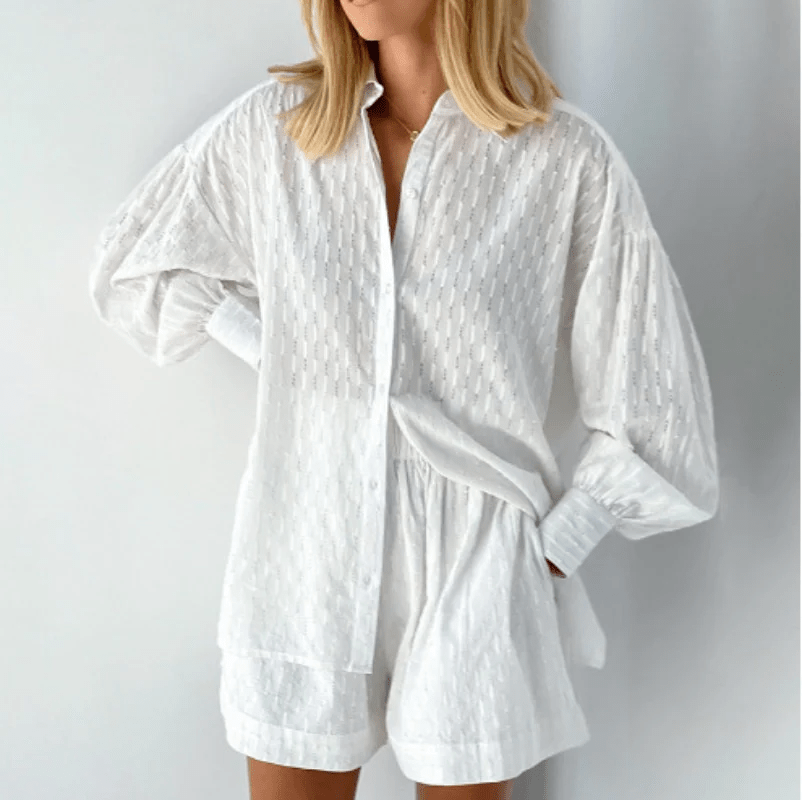Levoire | Chemise Avec Jabot Et Ensemble De Shorts Pour Femmes Blanc