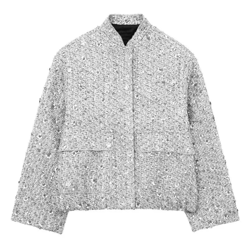 Levoire | Femmes Manches Longues Paillettes Courte Argent