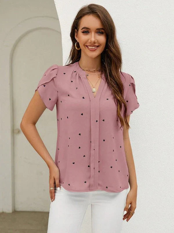 Levoire | Haut Élégante à Col V avec Motif Coeur Manches Courtes Rose