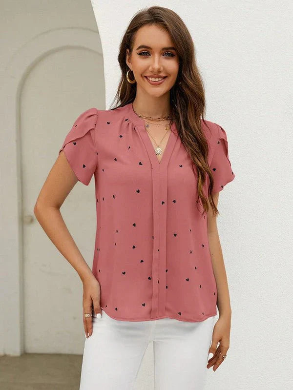 Levoire | Haut Élégante à Col V avec Motif Coeur Manches Courtes Rot