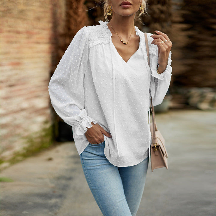 Levoire | Tempérament et élégant haut blouse à manches longues V encolure nouée Blanc