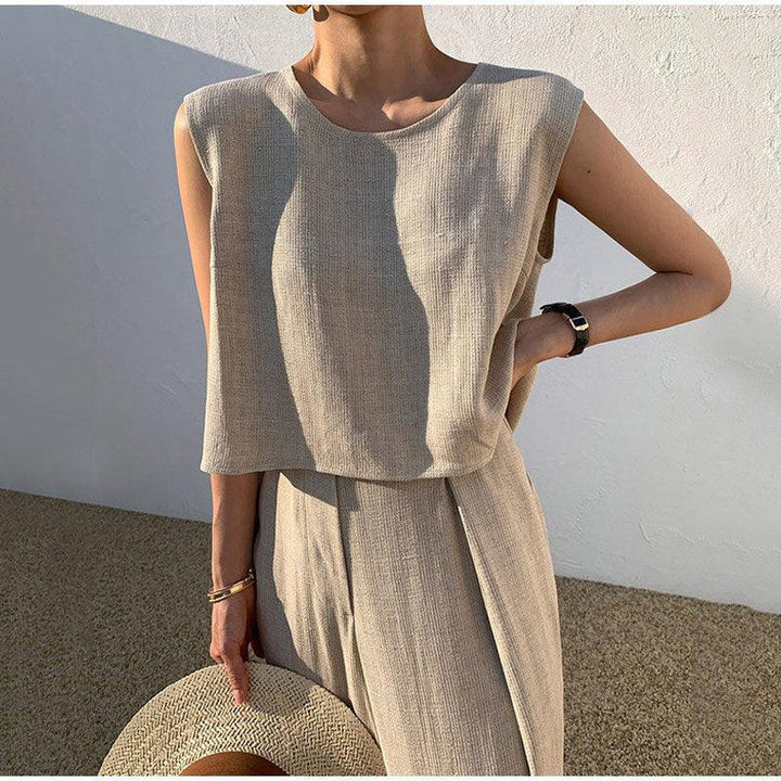 Levoire | Ensemble En Lin Élégant Avec Un Haut À Col Rond Et Un Pantalon Large