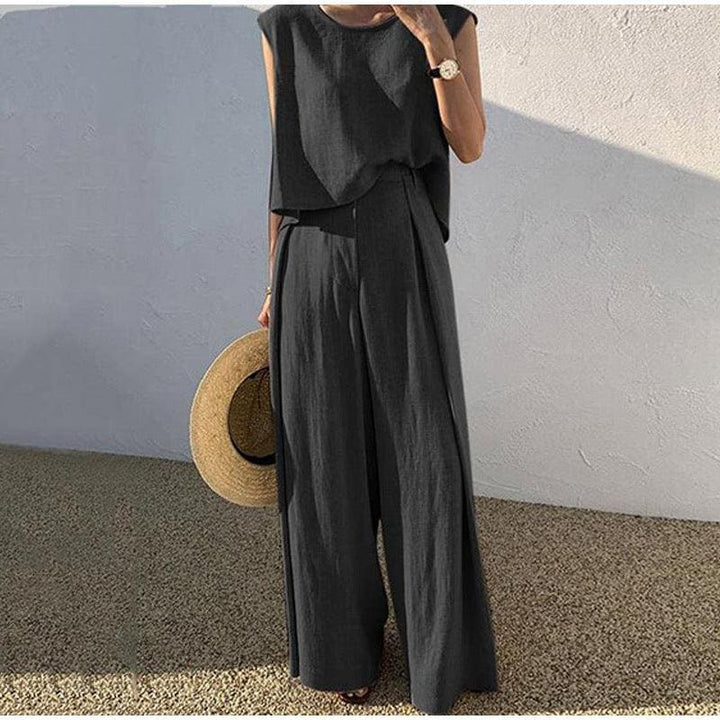 Levoire | Ensemble En Lin Élégant Avec Un Haut À Col Rond Et Un Pantalon Large Noir