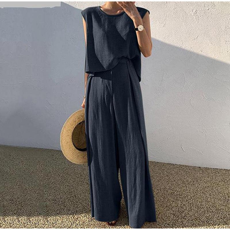Levoire | Ensemble En Lin Élégant Avec Un Haut À Col Rond Et Un Pantalon Large Bleu foncé
