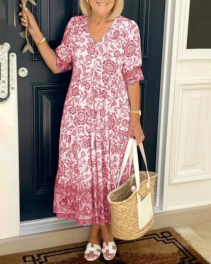 Levoire | Robe Élégante À Col V Et Manches Courtes Rosa
