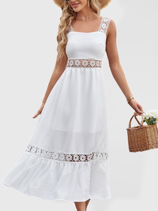 Levoire | Nouveau style uni trou pointu couture col carré sans manches robe à bandes Blanc