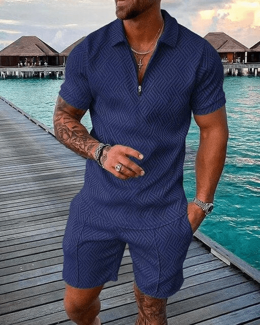 Levoire | Ensemble deux pièces Ensemble d'été luxueux pour hommes Polo luxueux et shorts parfaitement assortis Bleu marine