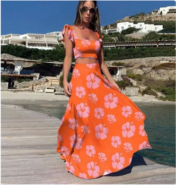 Levoire | Motif Floral Ensemble De Deux Pièces Orange