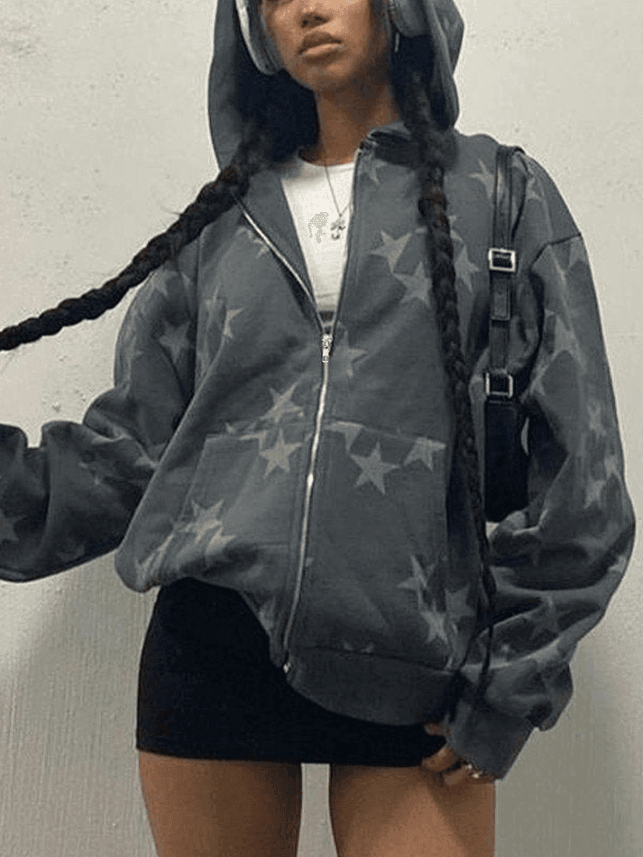 Levoire | Grandes Tailles Imprimé Étoile Fermeture Éclair Sweat À Capuche Gris