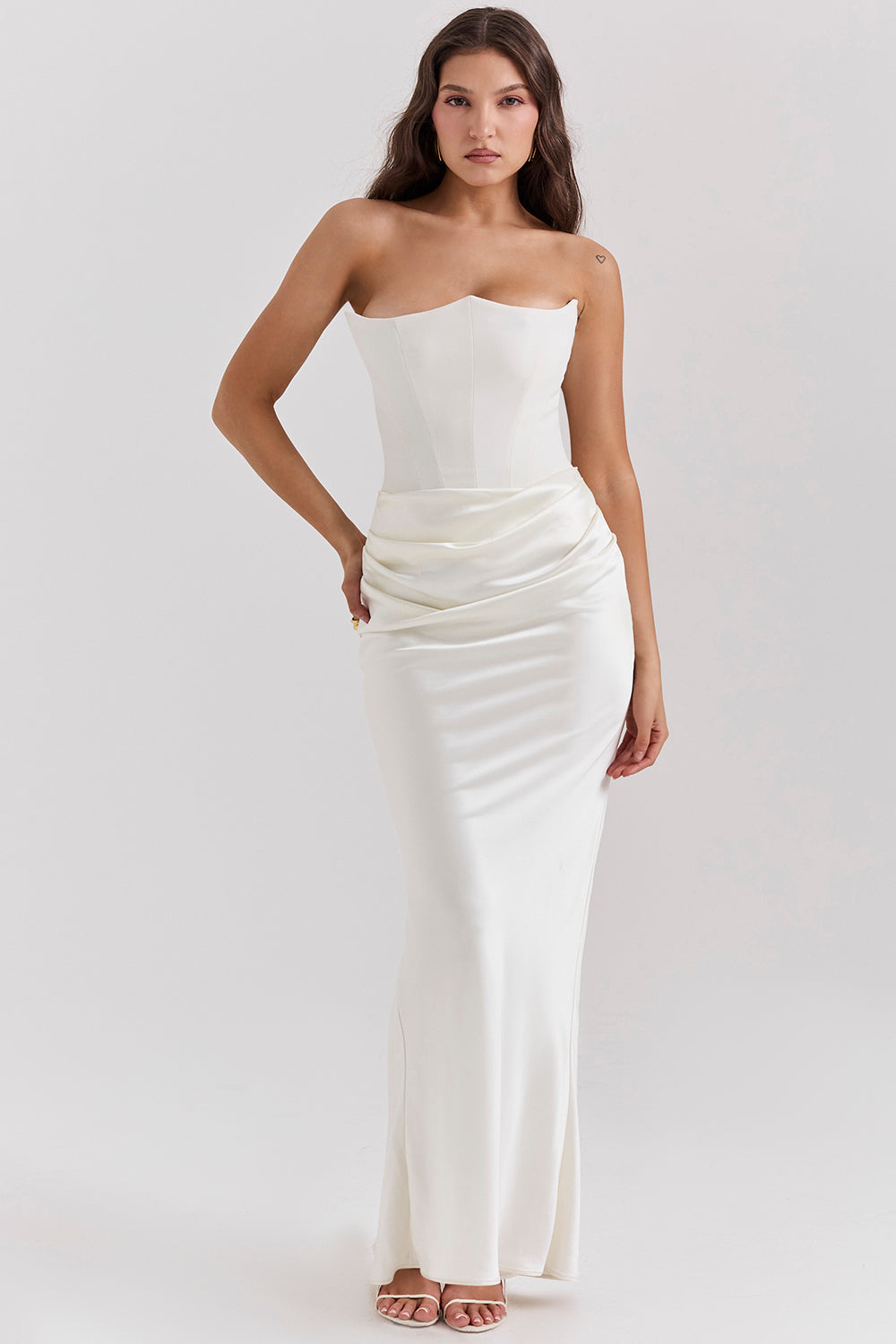 Levoire | Robe Maxi Corset Sans Épaules En Satin Pour Femmes Blanc