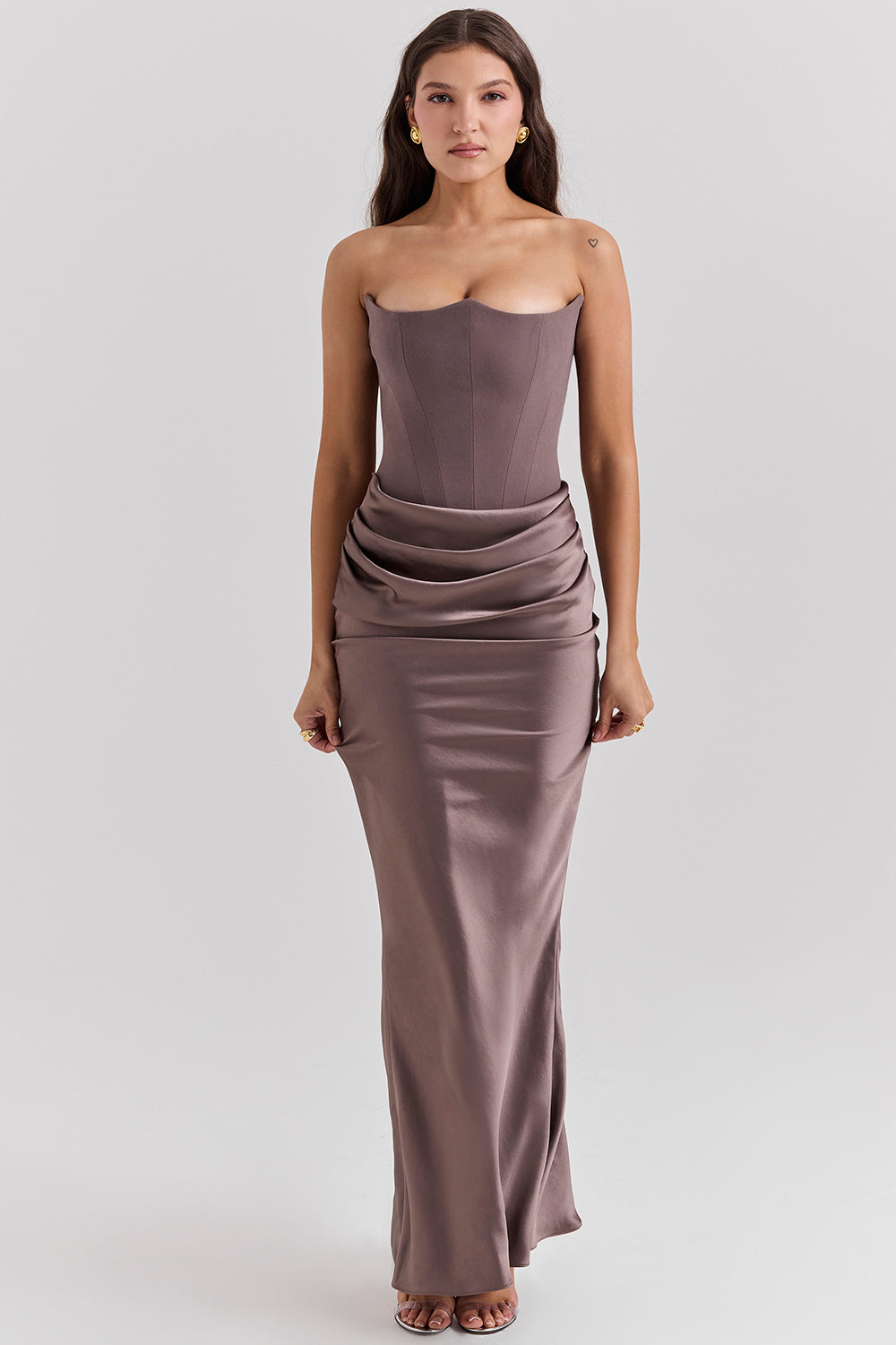 Levoire | Robe Maxi Corset Sans Épaules En Satin Pour Femmes Gris