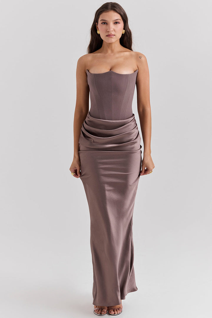 Levoire | Robe Maxi Corset Sans Épaules En Satin Pour Femmes Gris