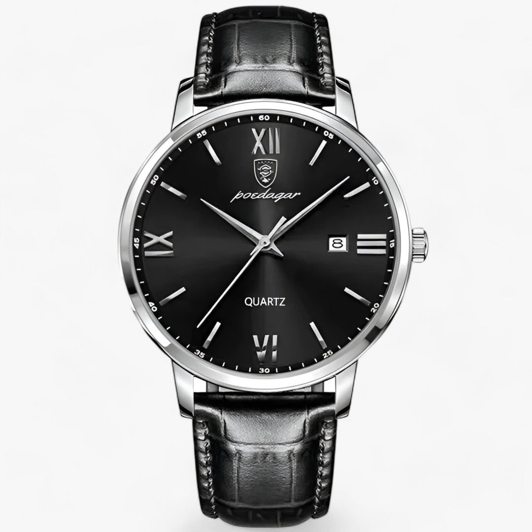 Levoire | Montre À Quartz Avec Bracelet En Cuir Et Design Élégant Argent Noir