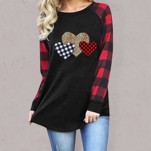 Levoire | Motif à carreaux Léopard Broderie Cœur Imprimé Col rond T-shirt à manches longues