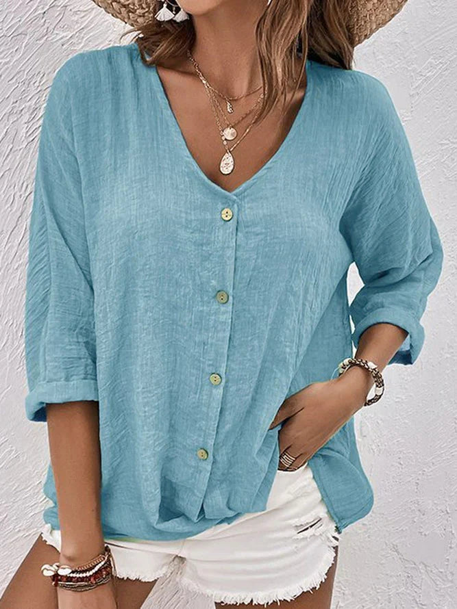 Levoire | Chemise En Lin Bleu À Col En V Bleu