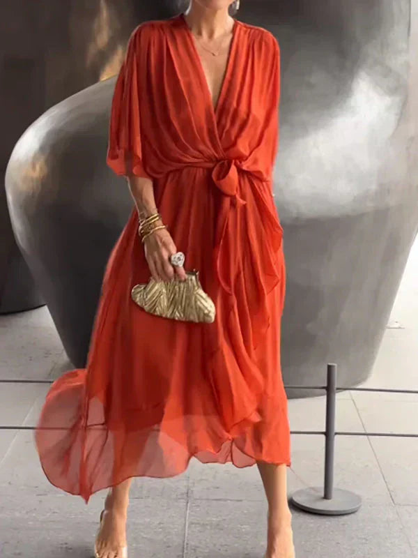 Levoire | Robe Fluide À Col En V Élégante Orange