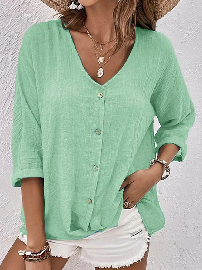 Levoire | Chemise En Lin Bleu À Col En V Vert