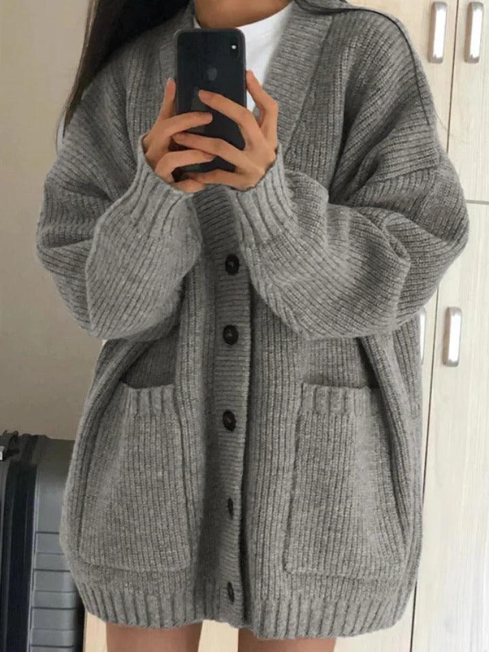 Levoire | Préppy Couleur Unie Décolleté Baggy Cardigan Gris UNE TAILLE
