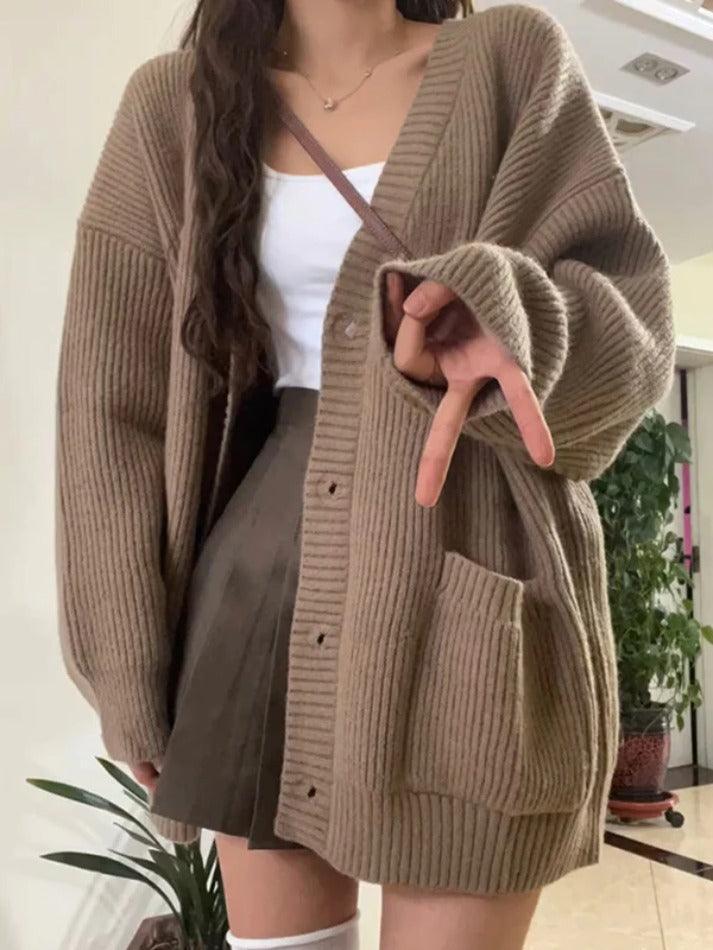 Levoire | Préppy Couleur Unie Décolleté Baggy Cardigan