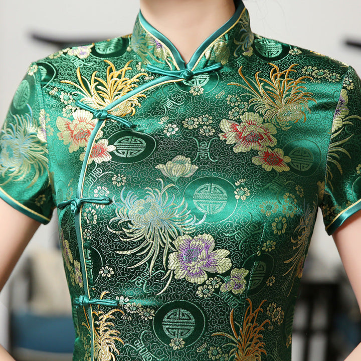 Levoire | Robe Cheongsam En Rayon Vert Classique Chinois