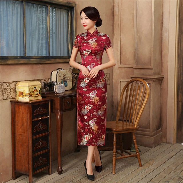 Levoire | Robe Cheongsam En Rayon Vert Classique Chinois Bordeaux