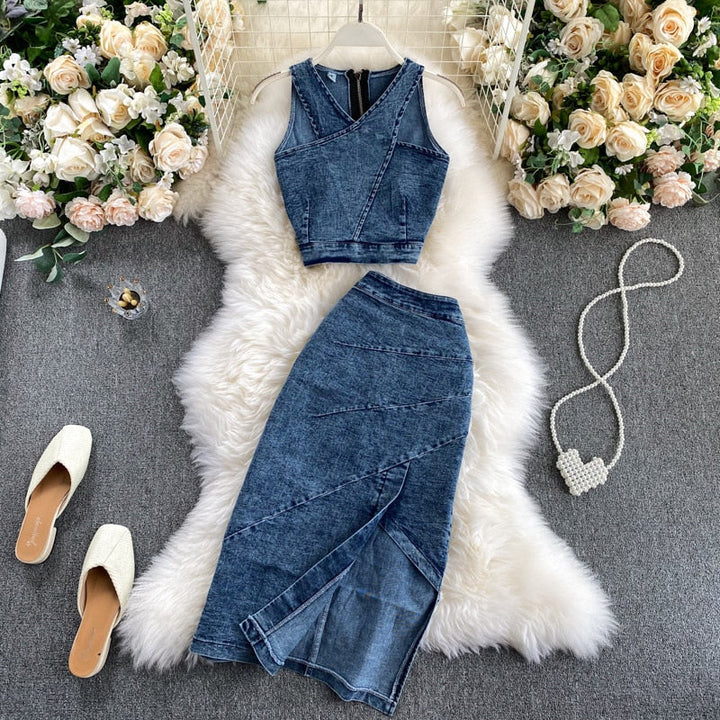 Levoire | Hauts À Bretelles Et Ensemble Jupe En Jean Pour Un Style Moderne Et Cool
