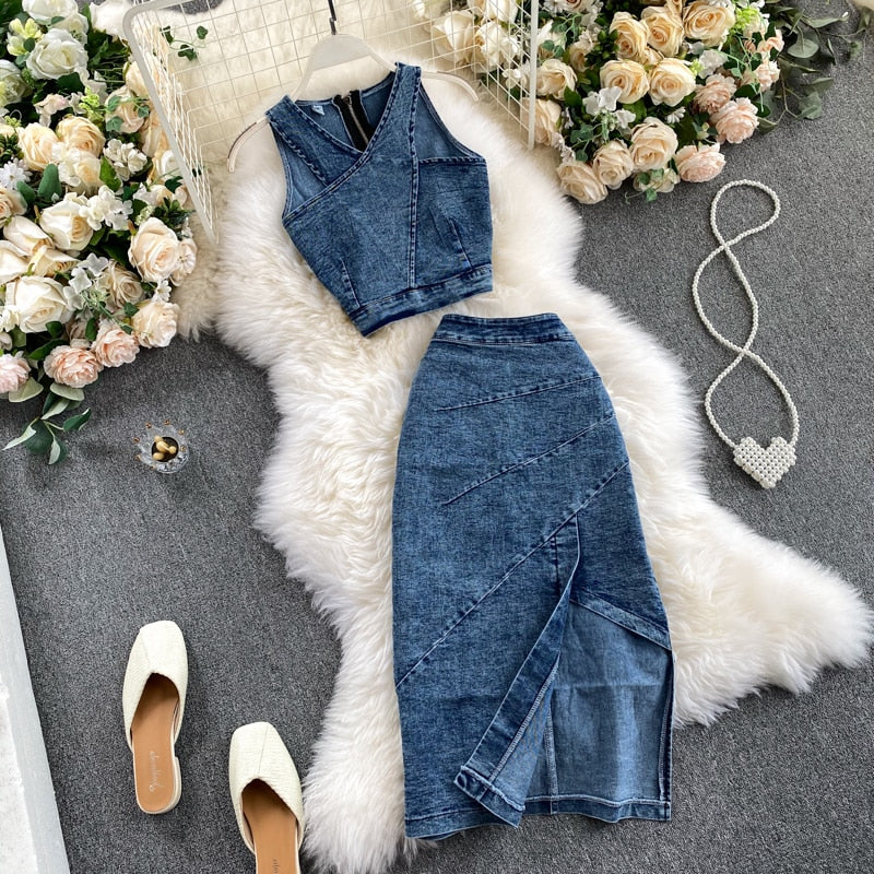 Levoire | Hauts À Bretelles Et Ensemble Jupe En Jean Pour Un Style Moderne Et Cool