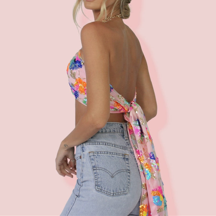 Levoire | Broderie Florale En Paillettes Rose Haut Court D'Été