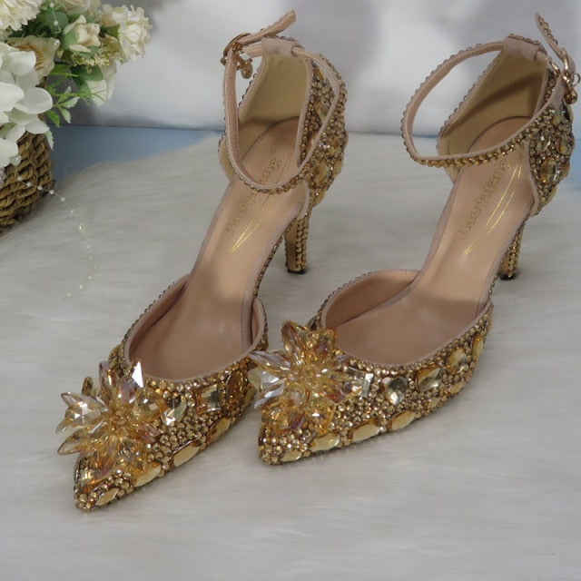 Levoire | Champagne Chaussures En Cristal Doré 9 cm avec fleur